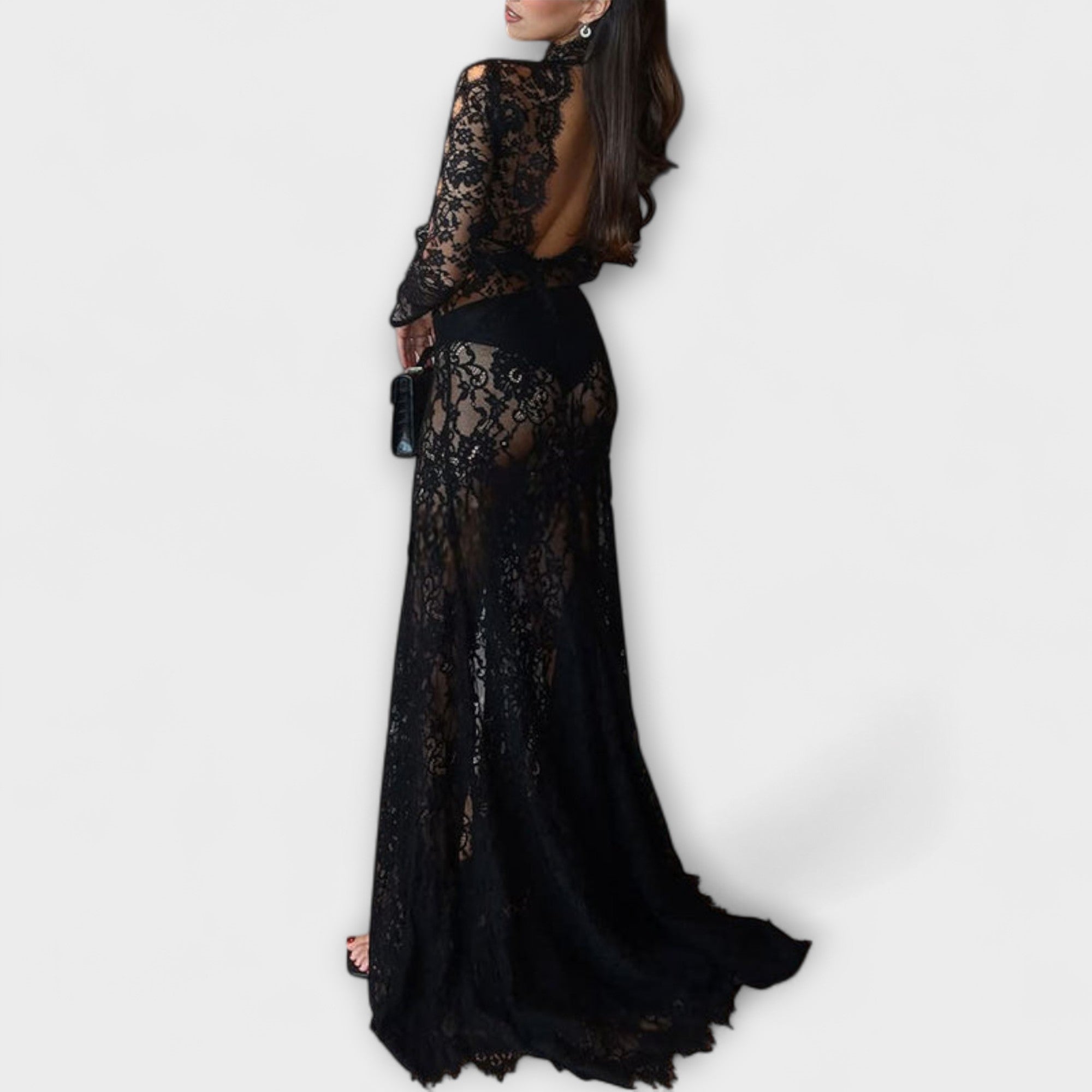 Azalea - Polnočná elegancia transparentné vykrojené dlhé šaty s elastanom