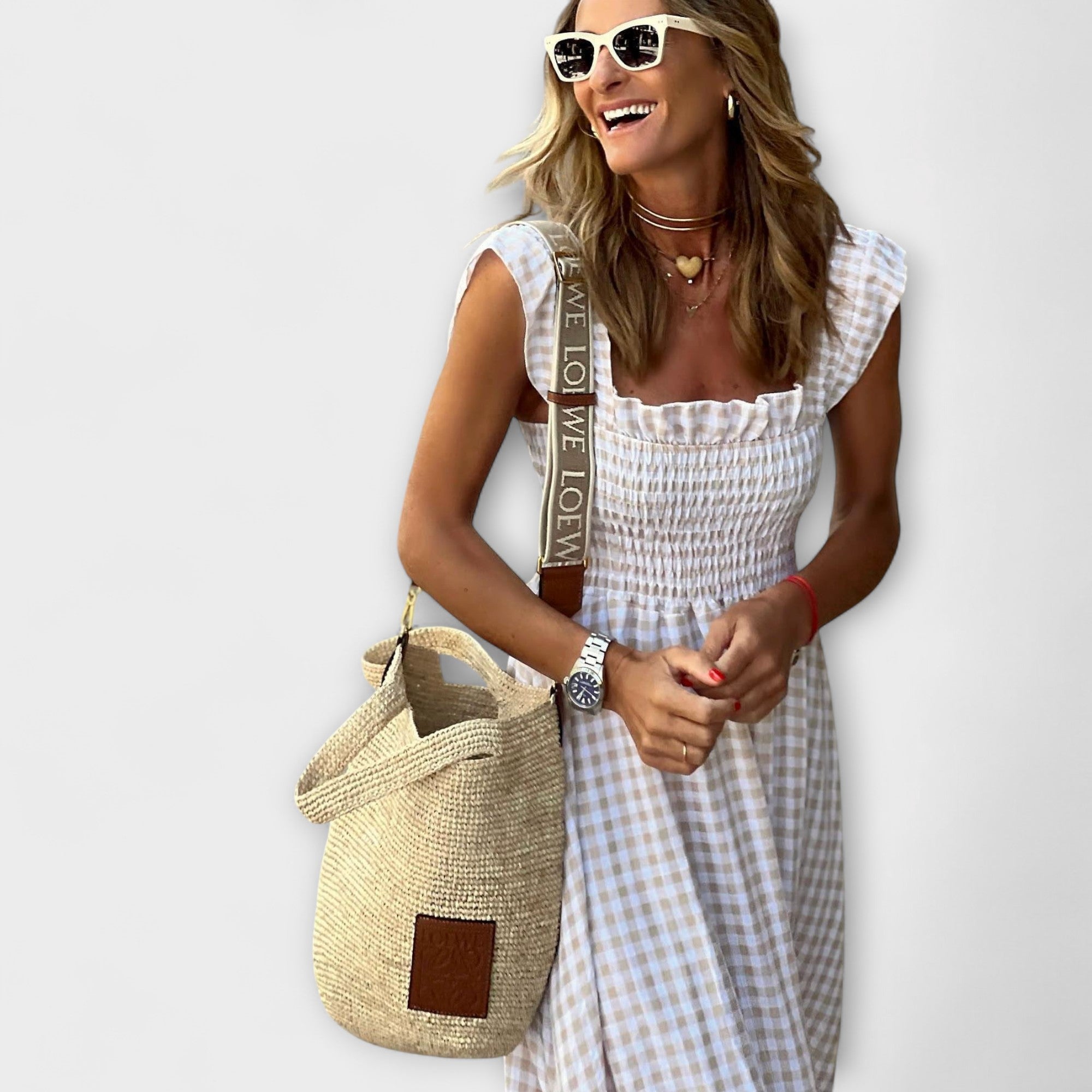 Kárované maxikleid s volánovými rukávmi