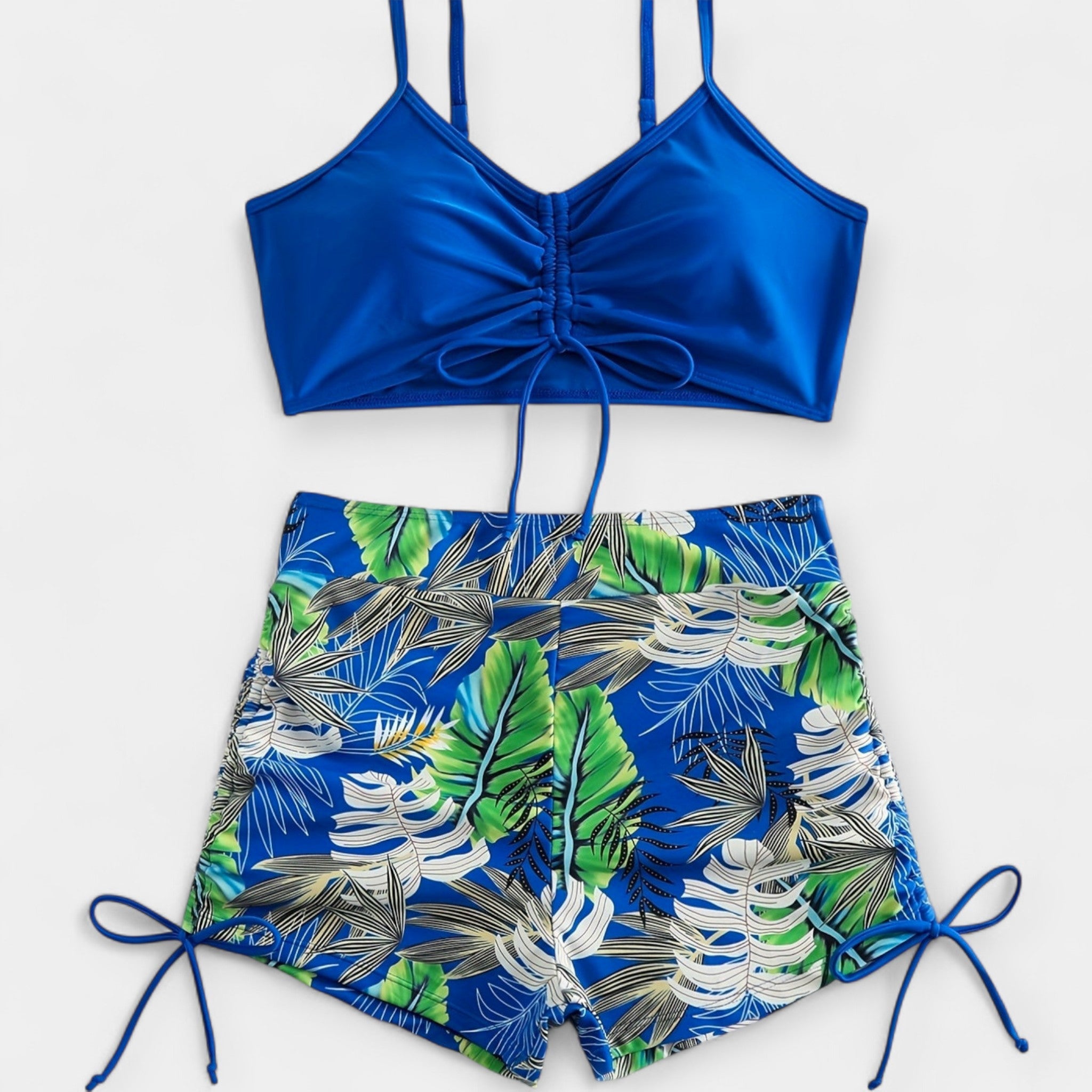 Bikini tropical cu talie înaltă și bretele