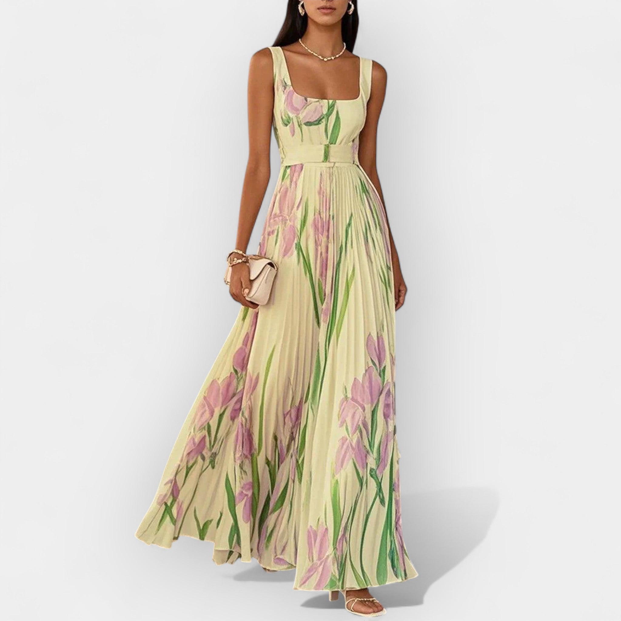 Rochie maxi plisată cu imprimeu floral și bretele late