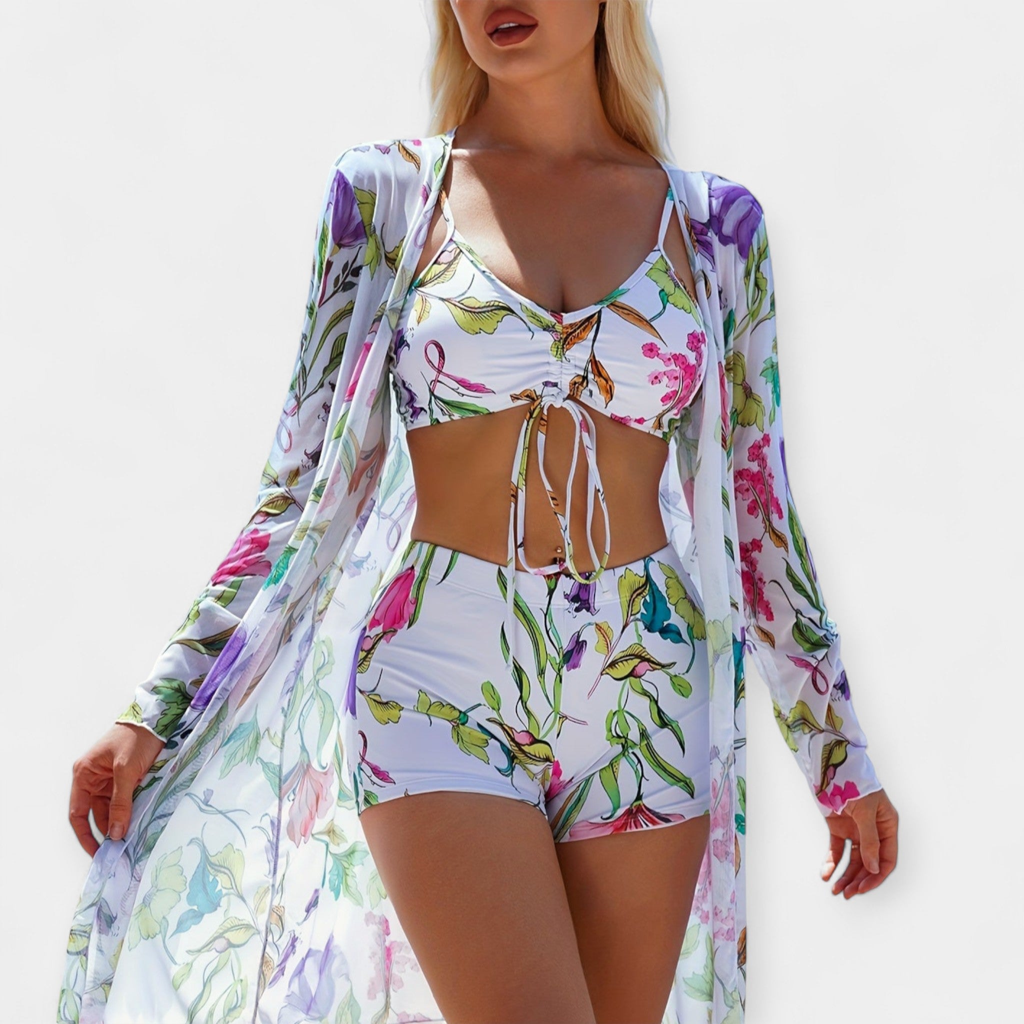 Set bikini cu talie înaltă și rochie de plajă