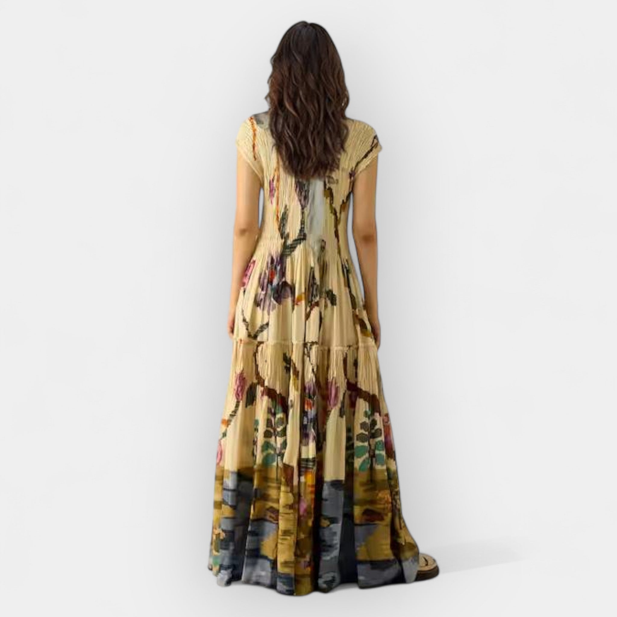 Rochie maxi plisată cu imprimeu