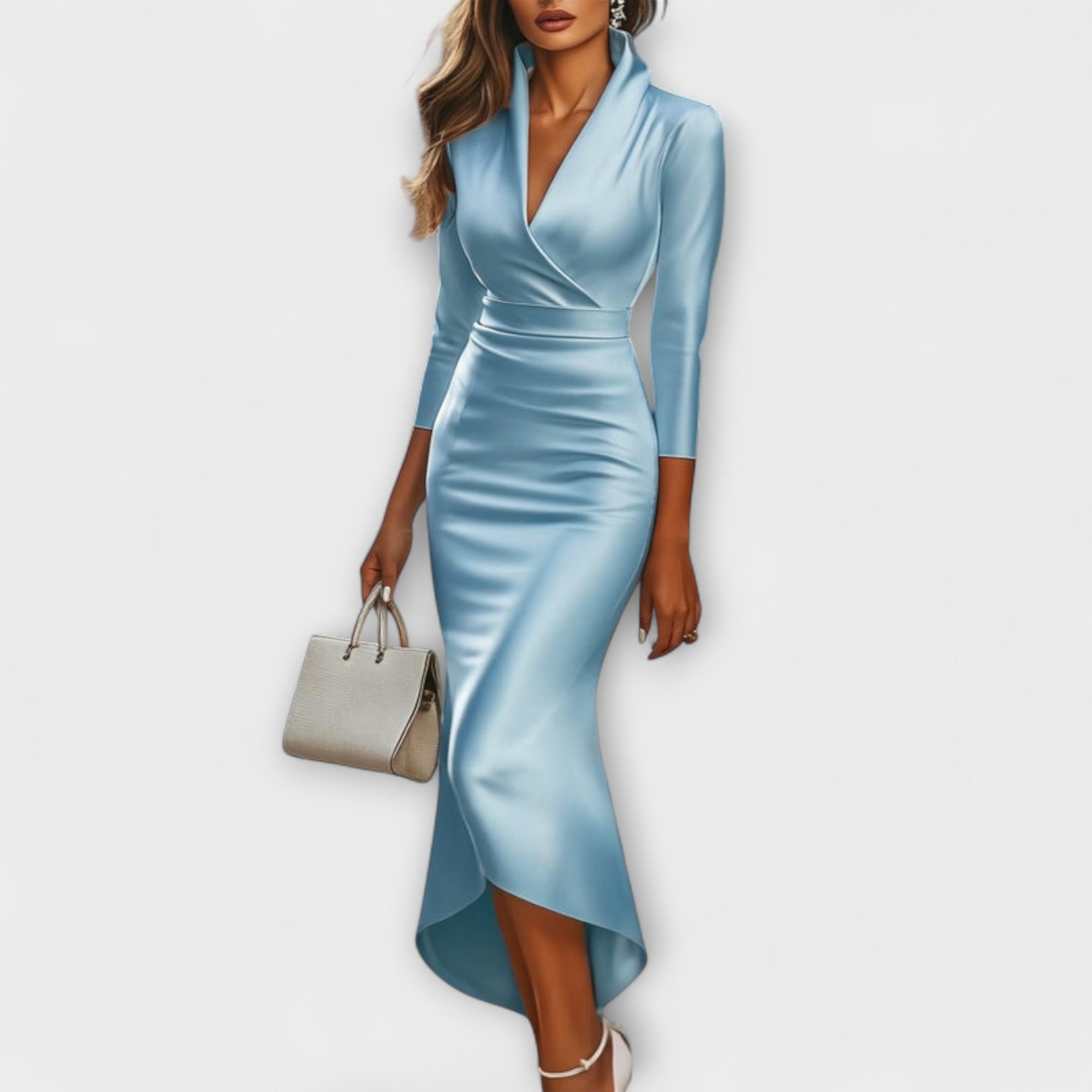 Rebecca - Elegantné biele saténové midi šaty s V-výstrihom