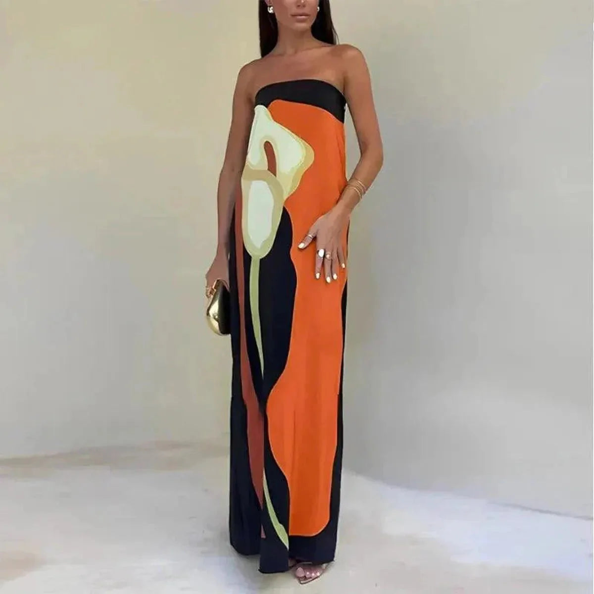 Abstract Print Strapless Maxi Dress