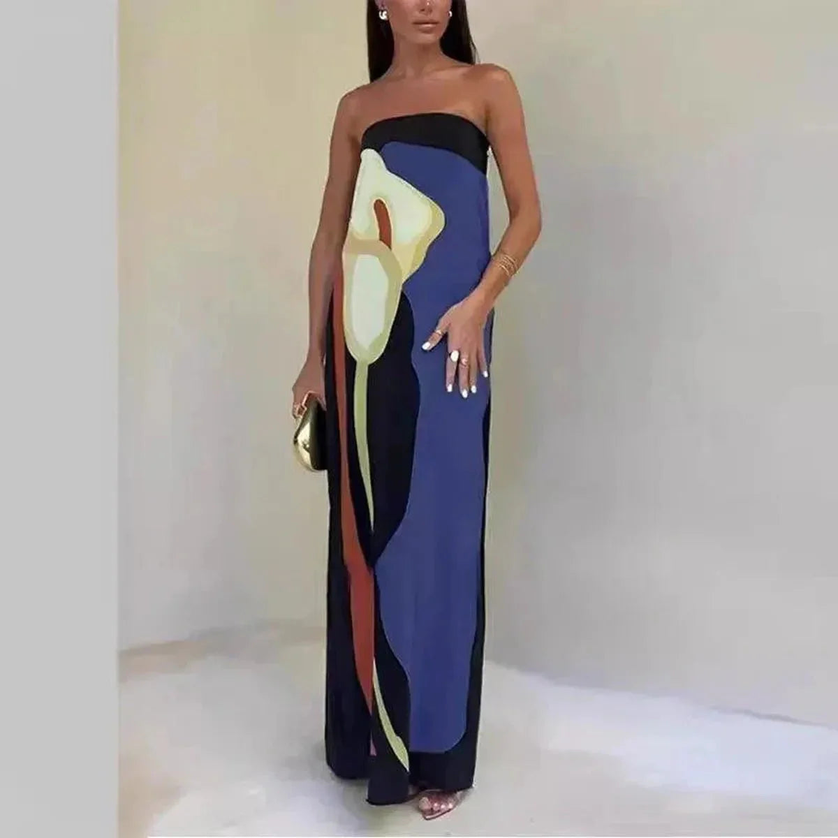 Abstract Print Strapless Maxi Dress