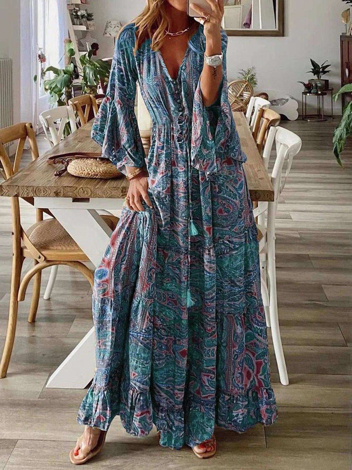 Boho Chic Ruffle Hem Bell Sleeve Maxi Dress