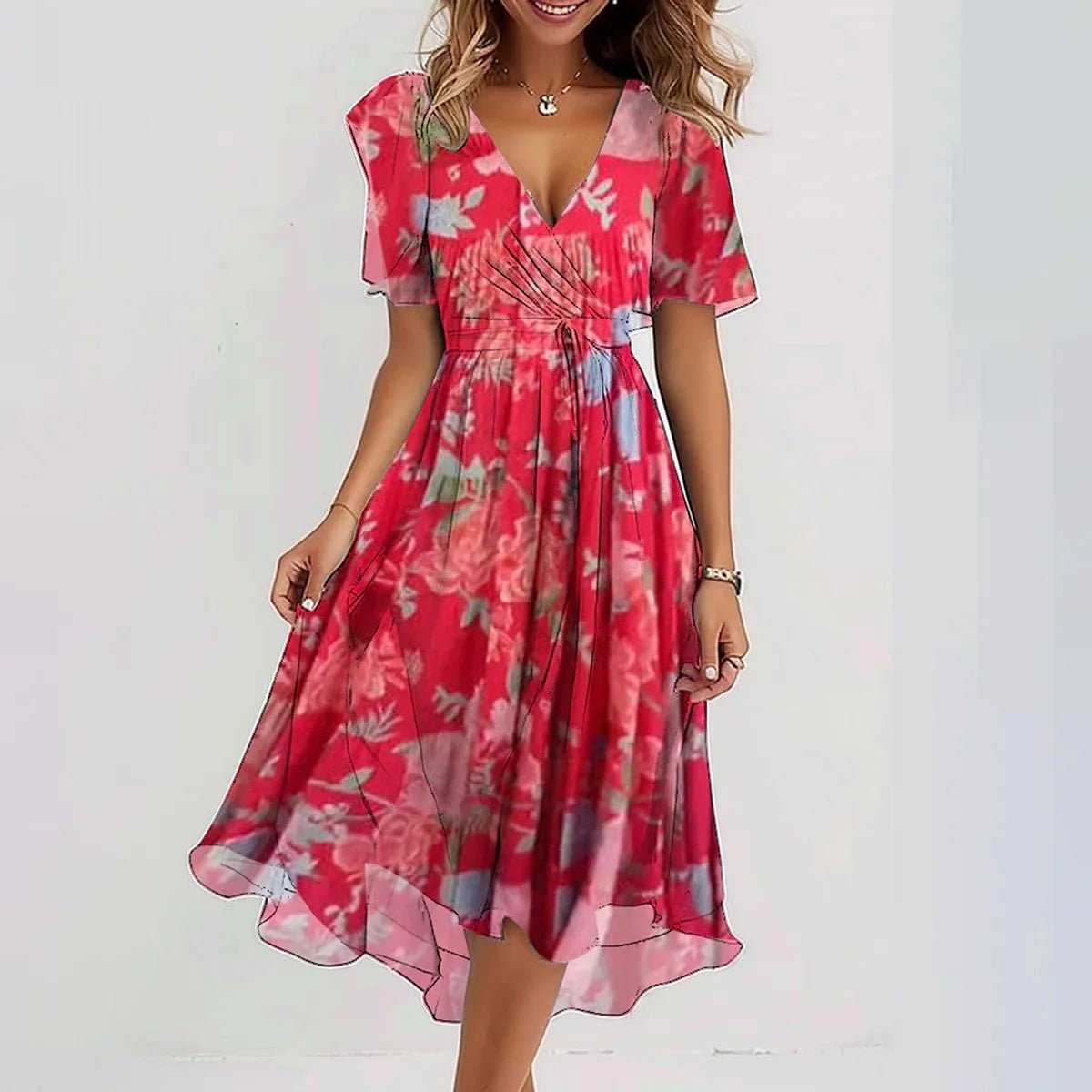 Cinched Waist Midi A-Line Wrap Dress