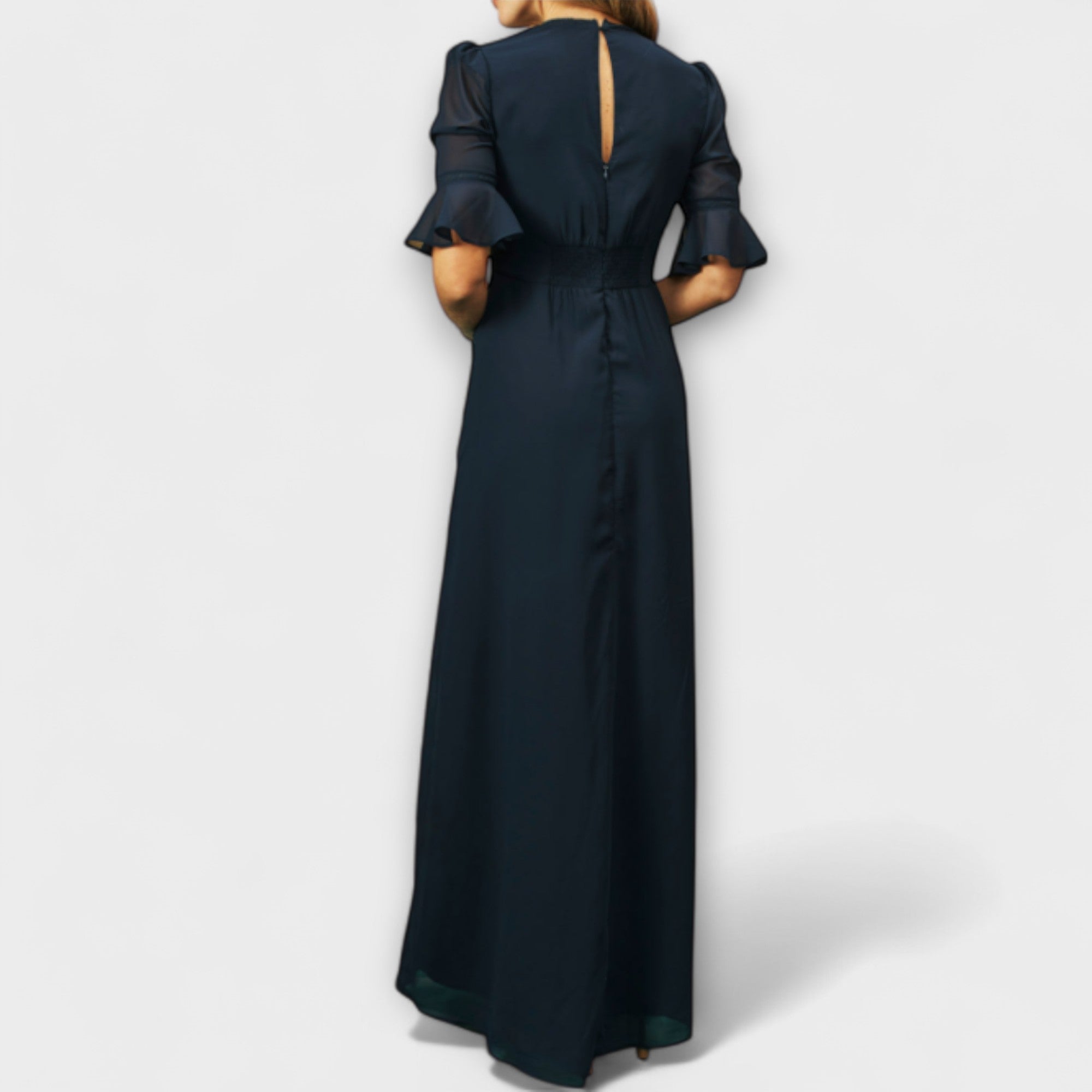 Beatrice - Elegantné námornícke modré šaty s kvetinovou výšivkou