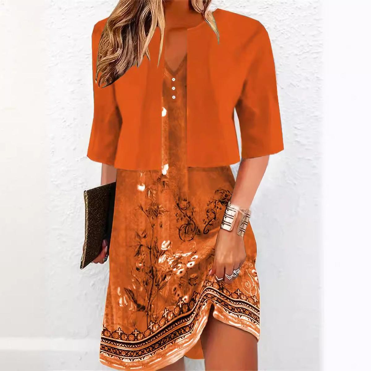 Elegant Two-Piece Floral Midi Dress With V-Neck