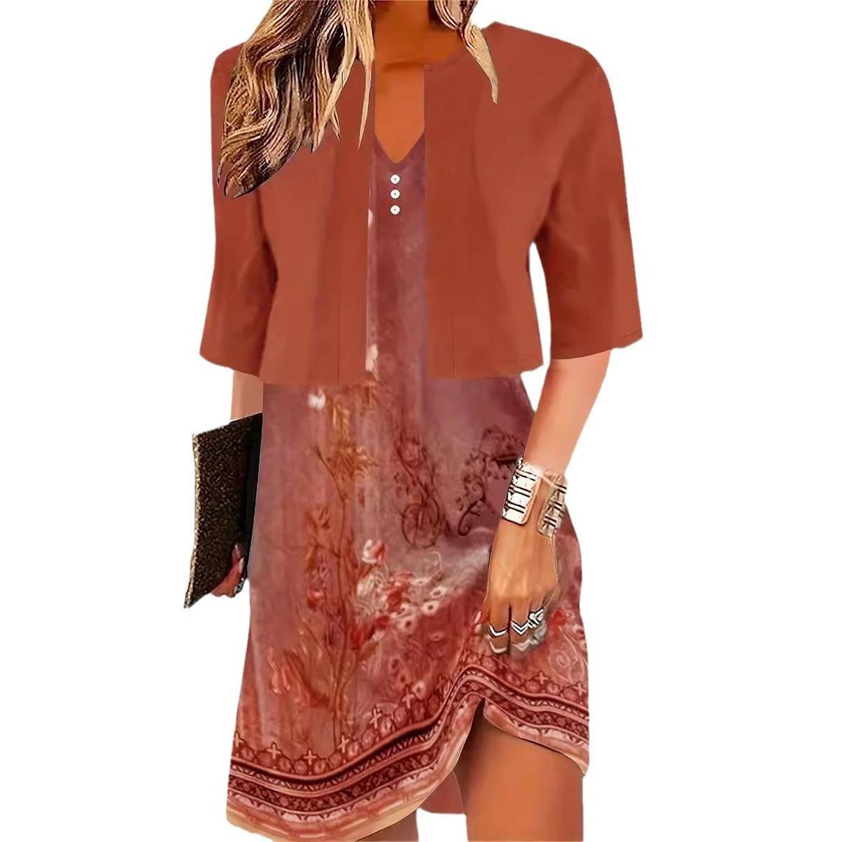 Elegant Two-Piece Floral Midi Dress With V-Neck