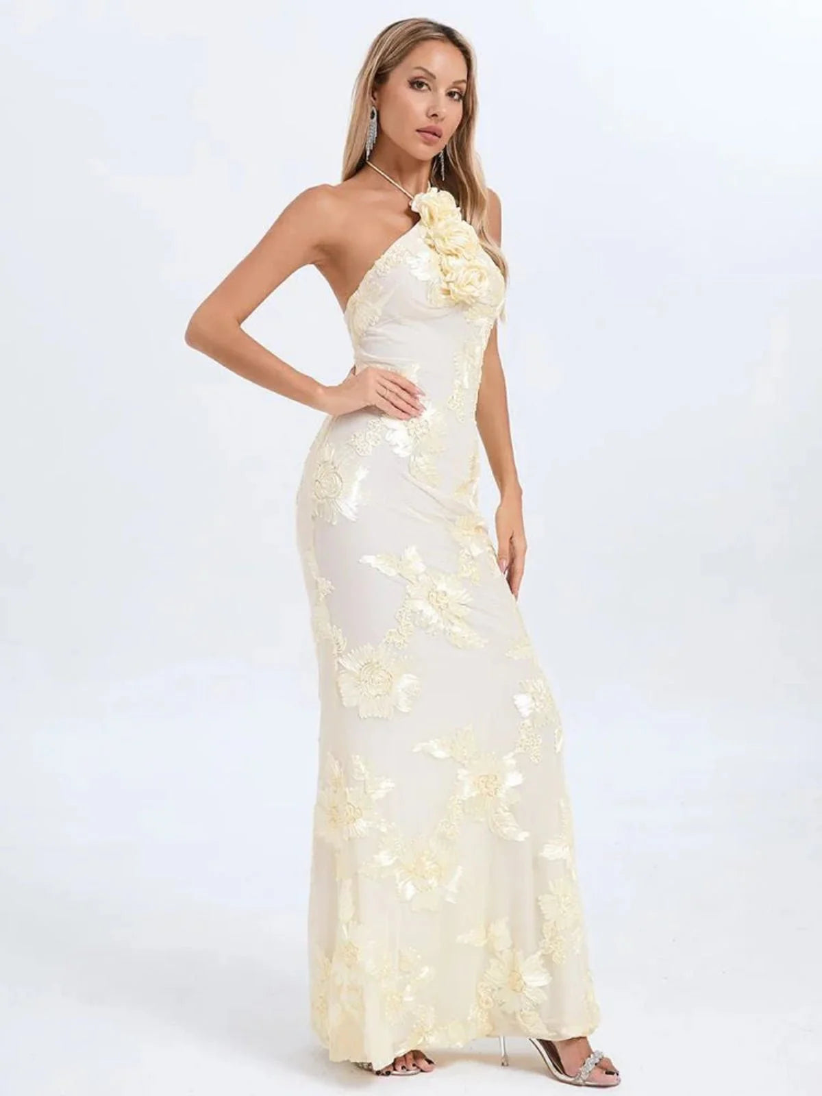 Embroidered Floral Halter Maxi Dress