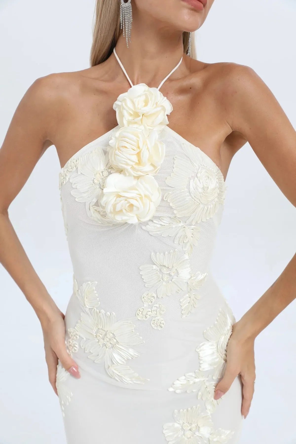 Embroidered Floral Halter Maxi Dress