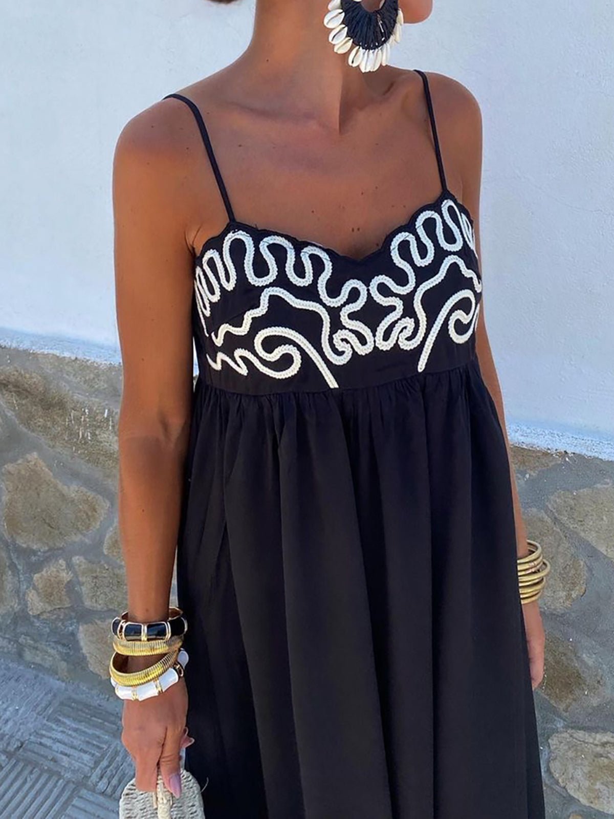 Embroidered Shirred Spaghetti Strap Maxi Dress