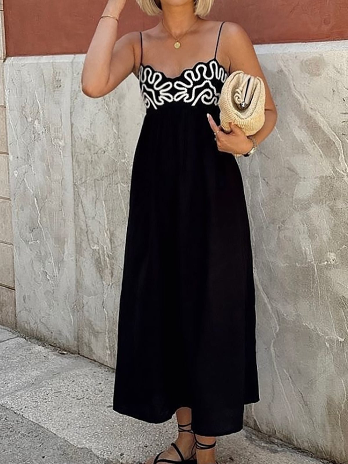 Embroidered Shirred Spaghetti Strap Maxi Dress