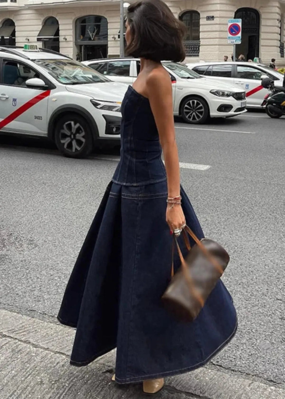 Faux Denim Maxi Dress With Corset-style Bodice