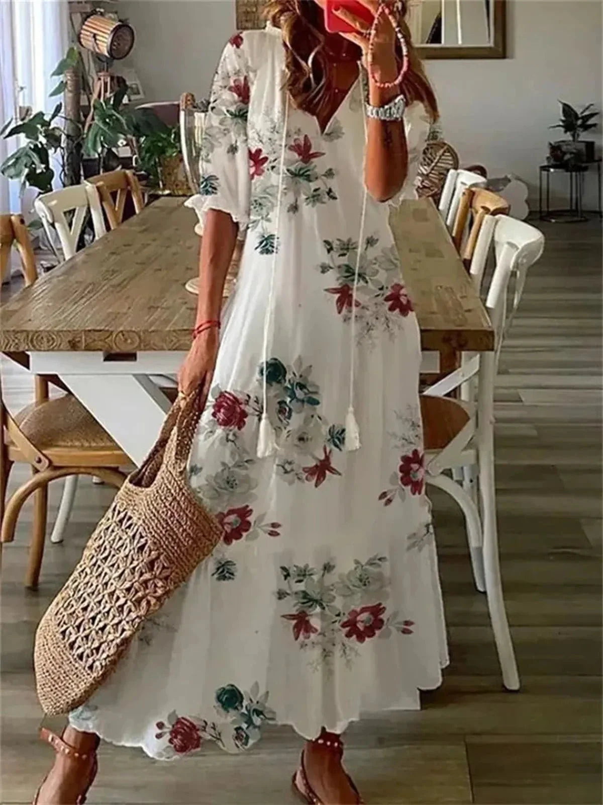 Floral Print V-Neck Maxi Dress With 3/4 Sleeves