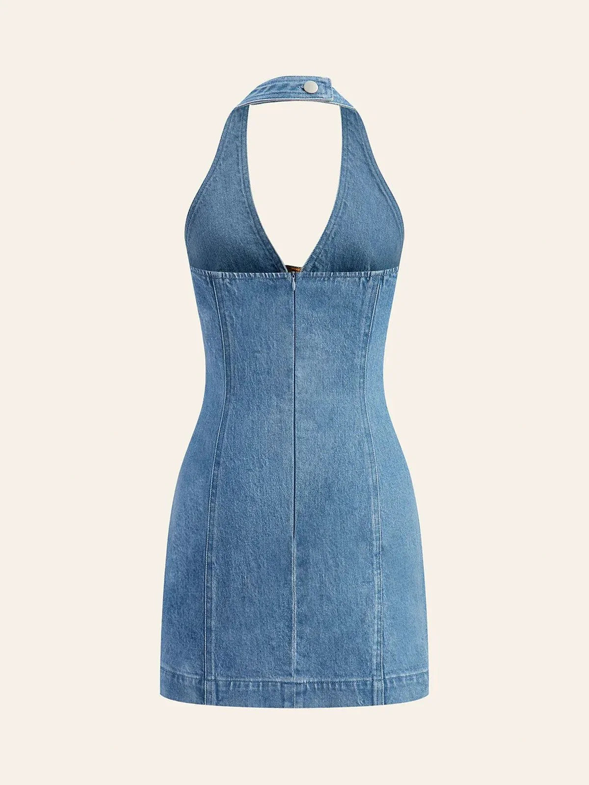 Halter Neck Buckle Faux Denim Mini Dress