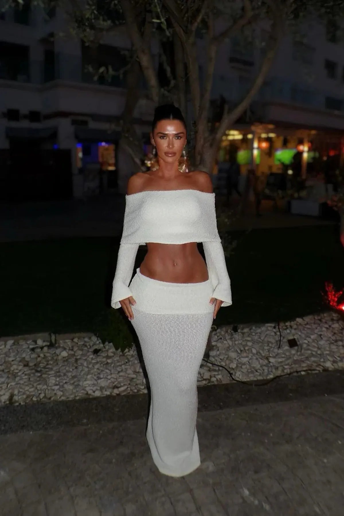 Knit Off Shoulder Boucle Top & Maxi Skirt Co-Ord