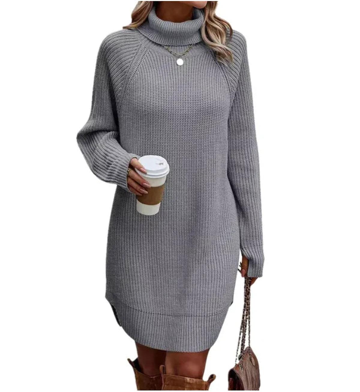 Knitted Roll Neck Dress For Women - Soft Chunky Knit, Relaxed Fit, Versatile Style