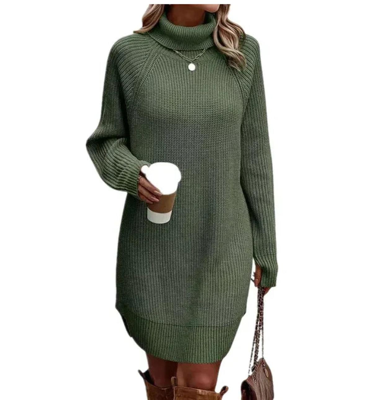 Knitted Roll Neck Dress For Women - Soft Chunky Knit, Relaxed Fit, Versatile Style
