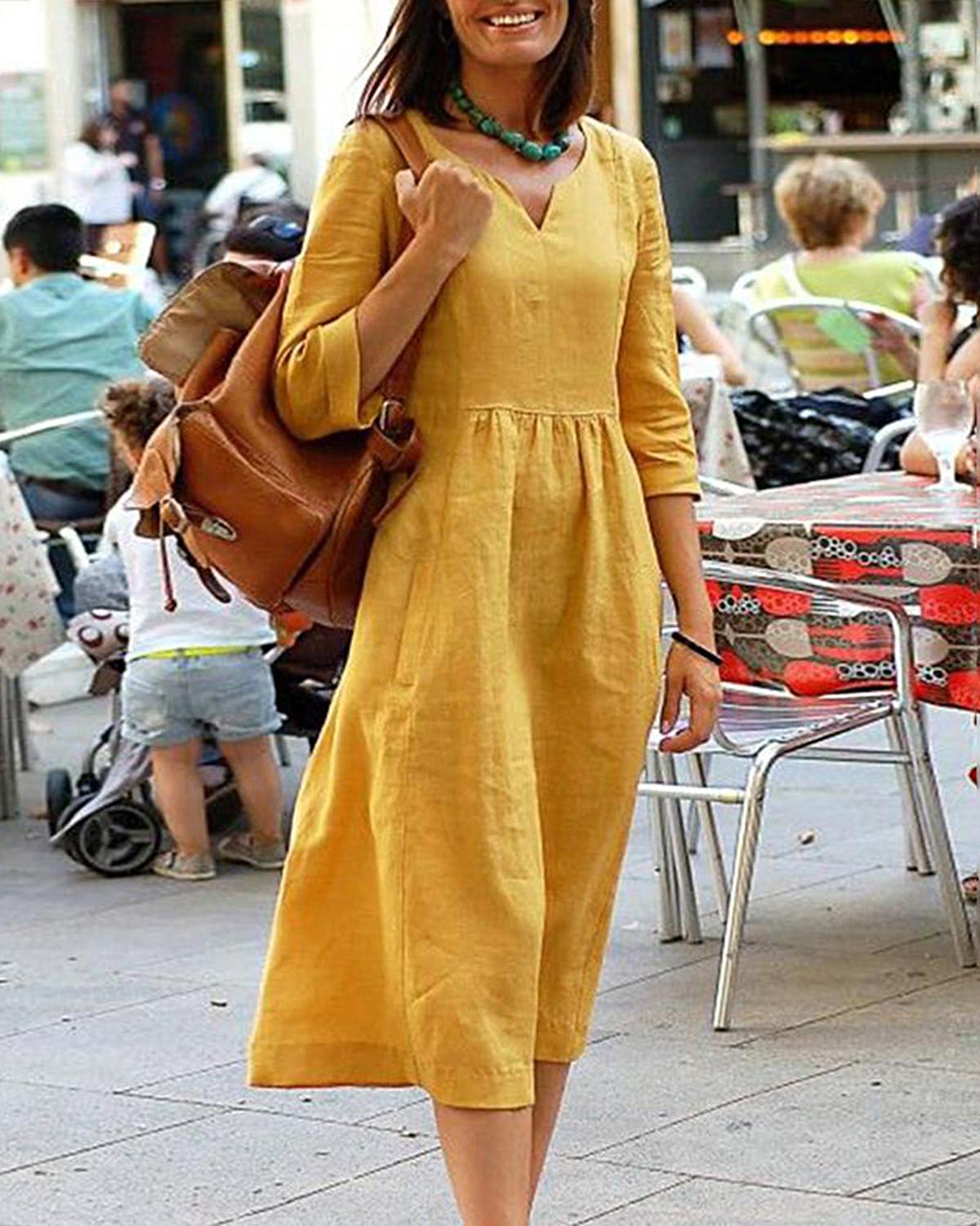 Linen Blend V-Neck Midi Dress