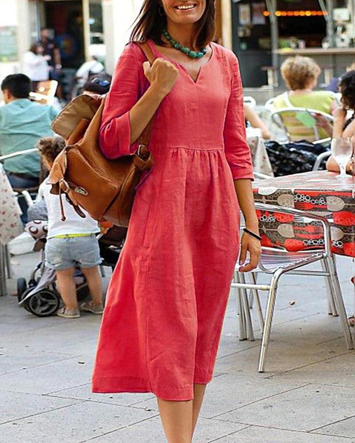 Linen Blend V-Neck Midi Dress