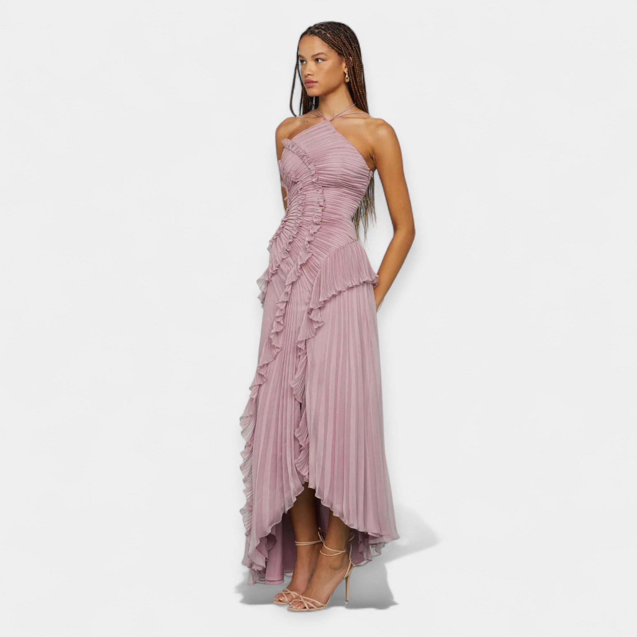 Rochie midi lila cu volane lejere