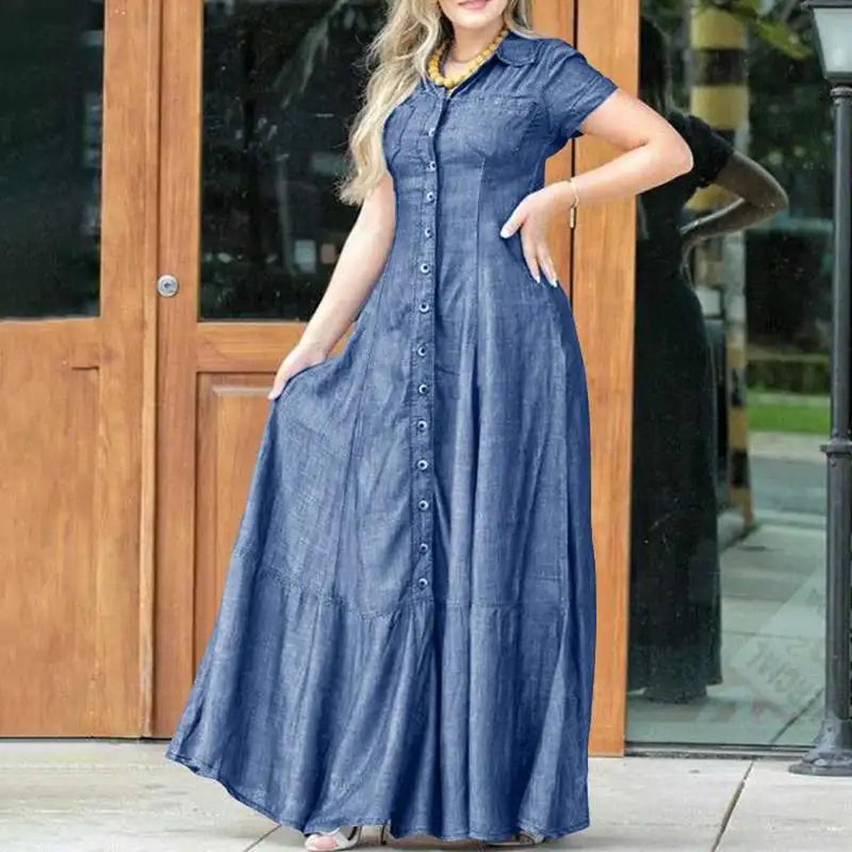 Plus Size Maxi Denim Dress With Pockets