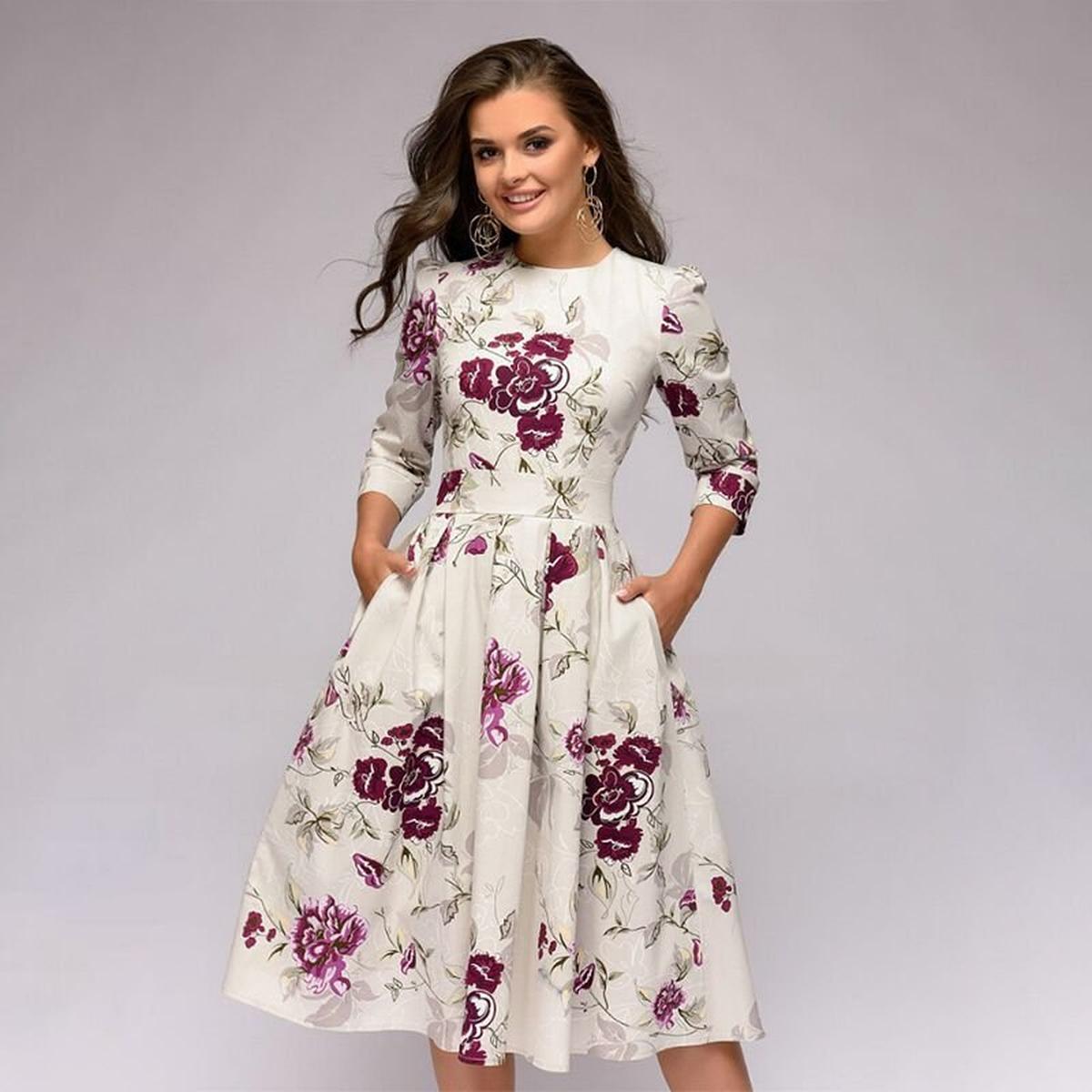 Retro Floral Dress With 3/4 Puff Sleeves