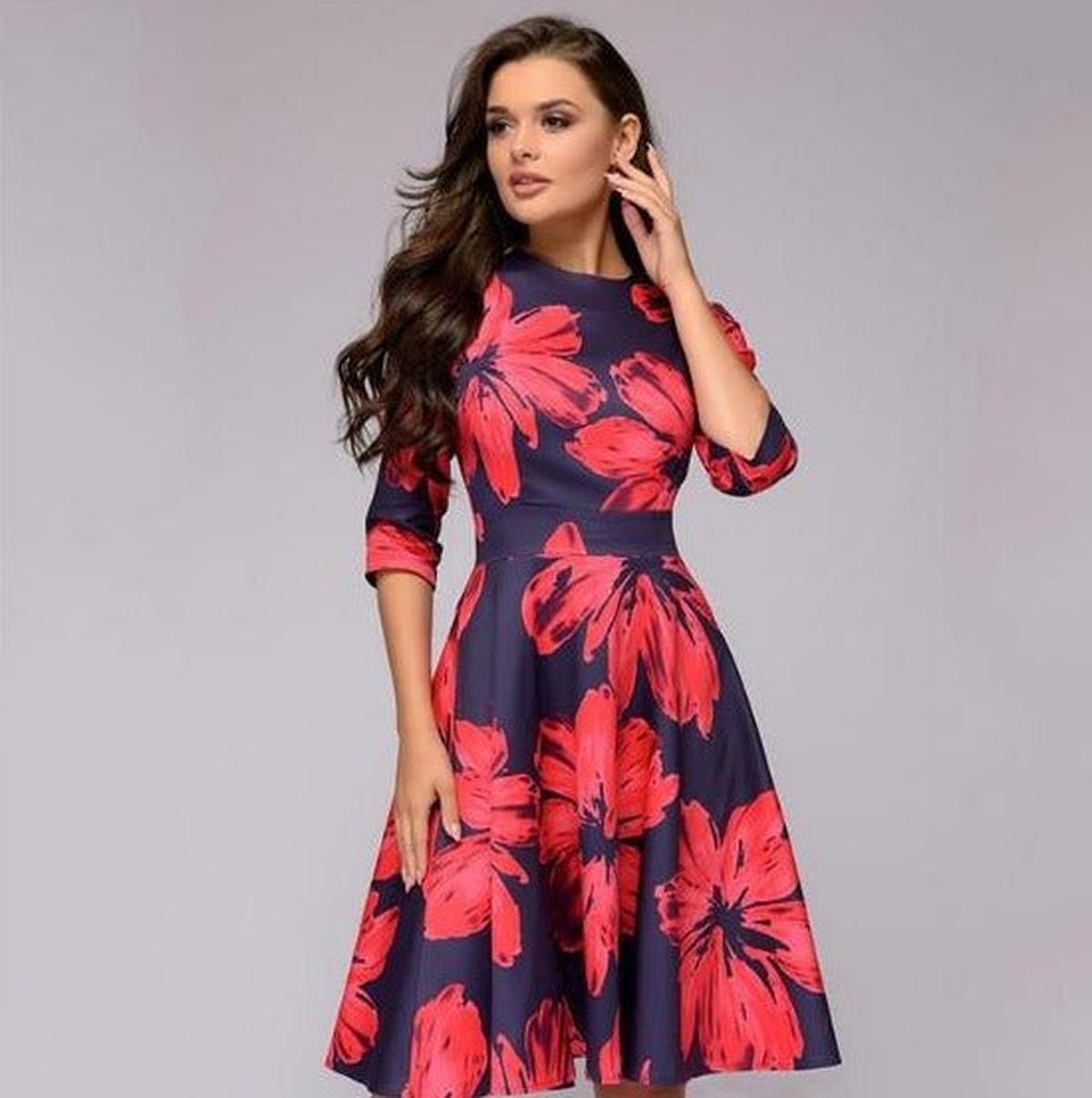 Retro Floral Dress With 3/4 Puff Sleeves