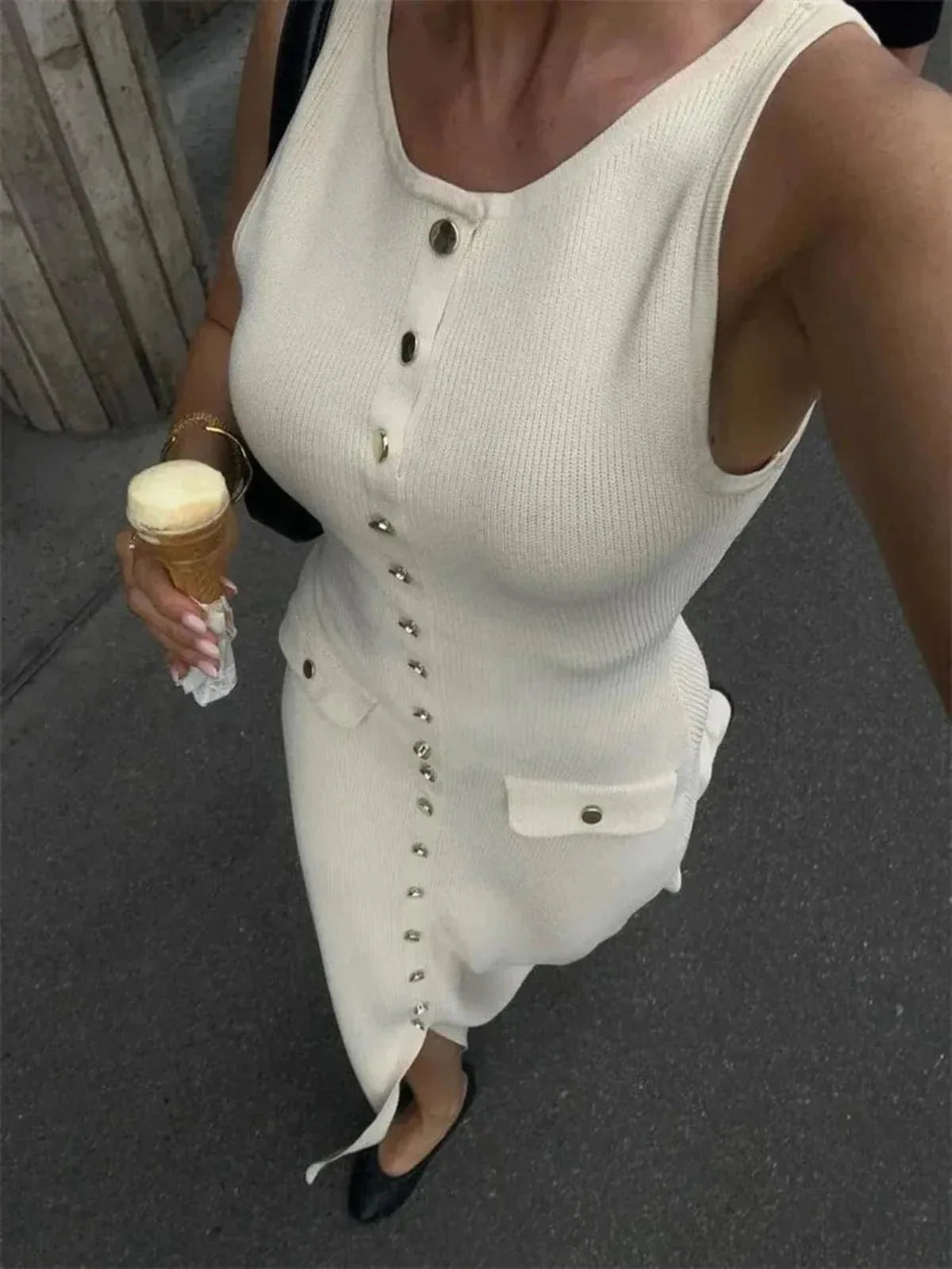 Ribbed Knit Button-Front Maxi Dress