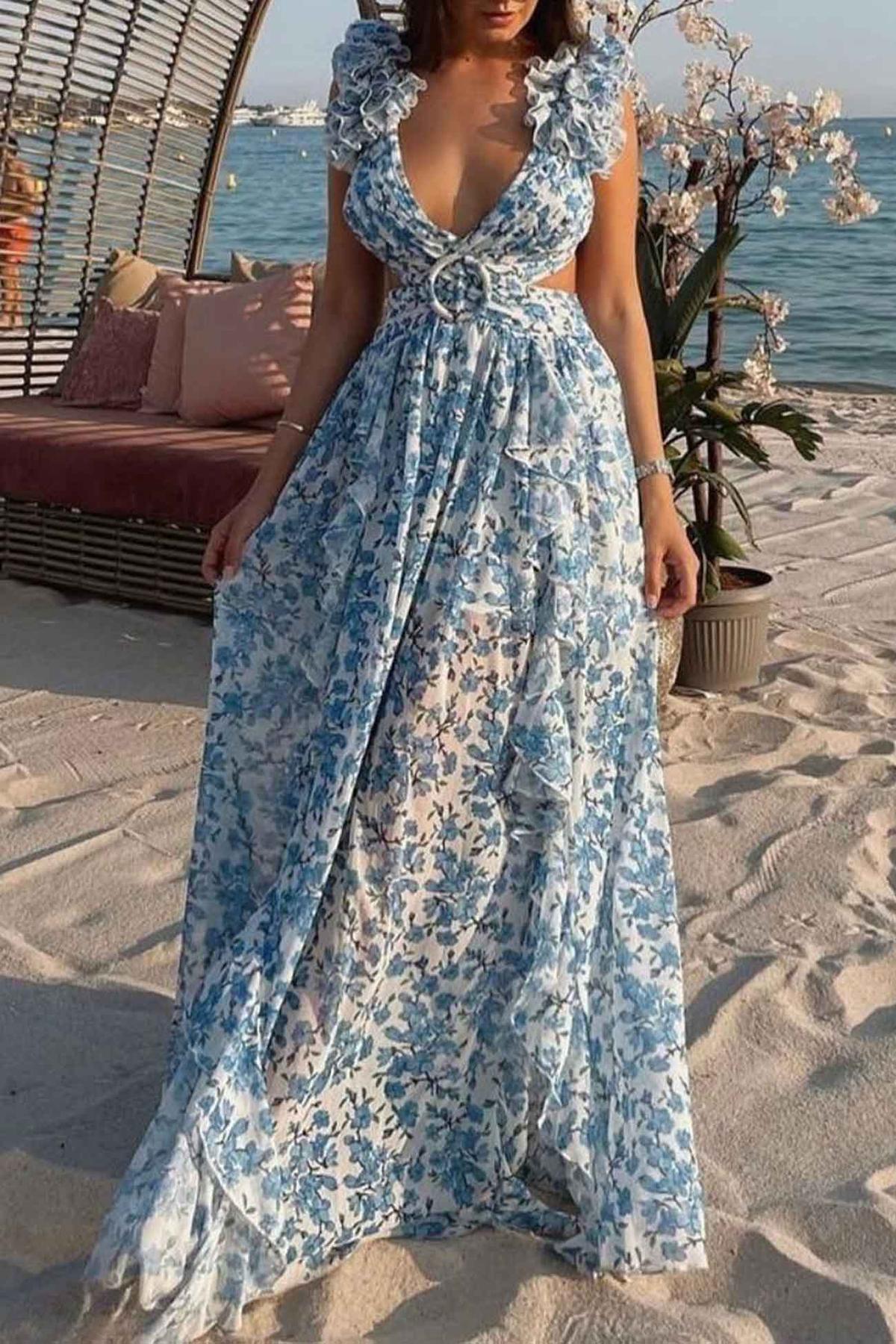 Ruffled Sleeve Cut-Out Waist Floral Maxi Dress