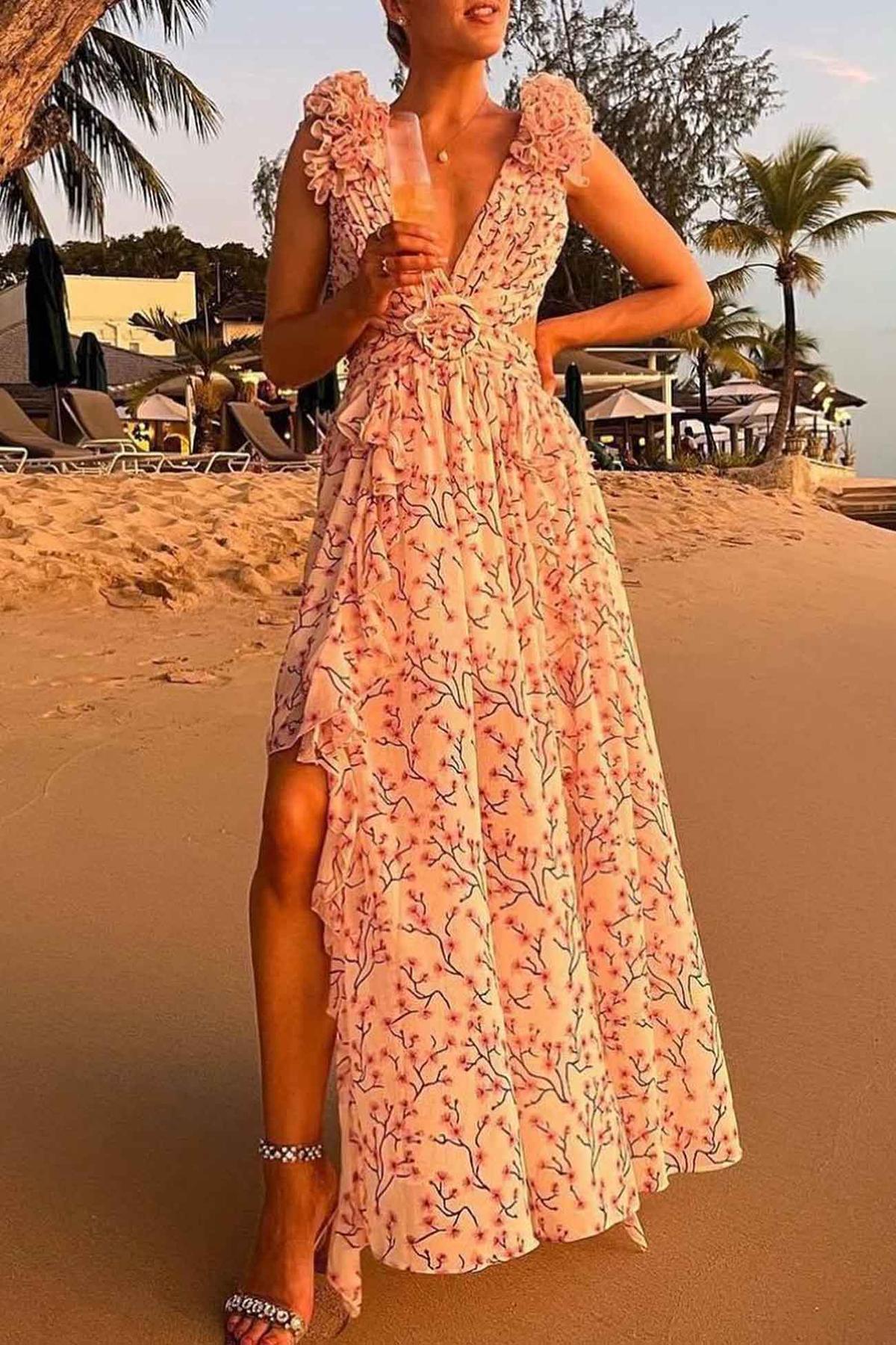 Ruffled Sleeve Cut-Out Waist Floral Maxi Dress