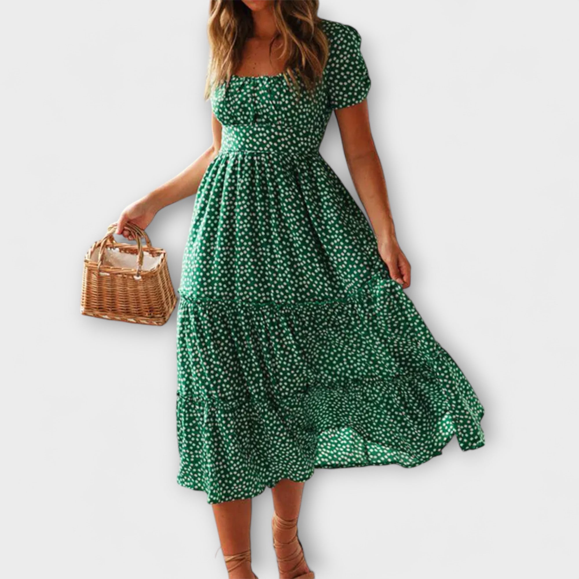 Vintage kvetinový vzor Puffärmel Maxikleid