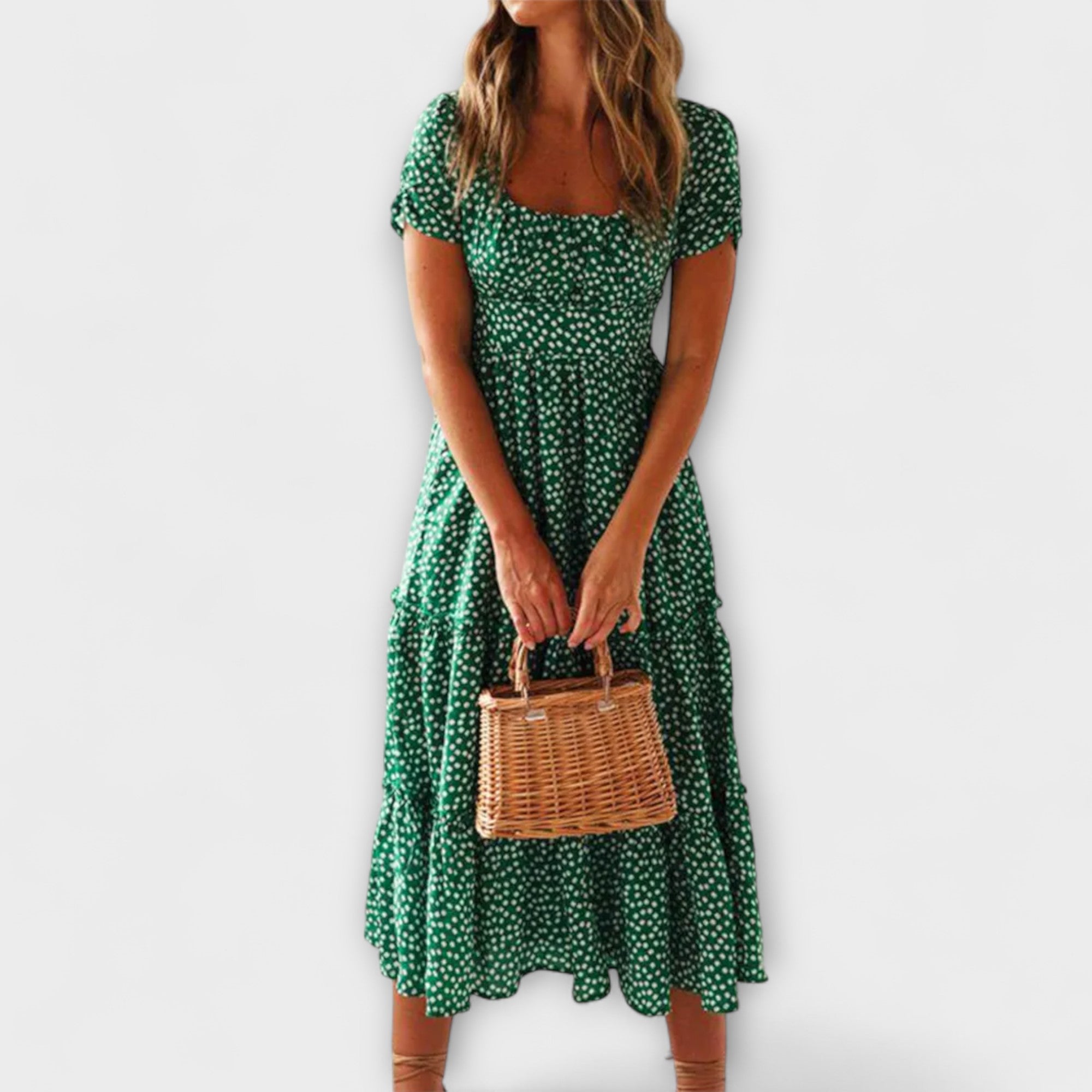 Vintage kvetinový vzor Puffärmel Maxikleid