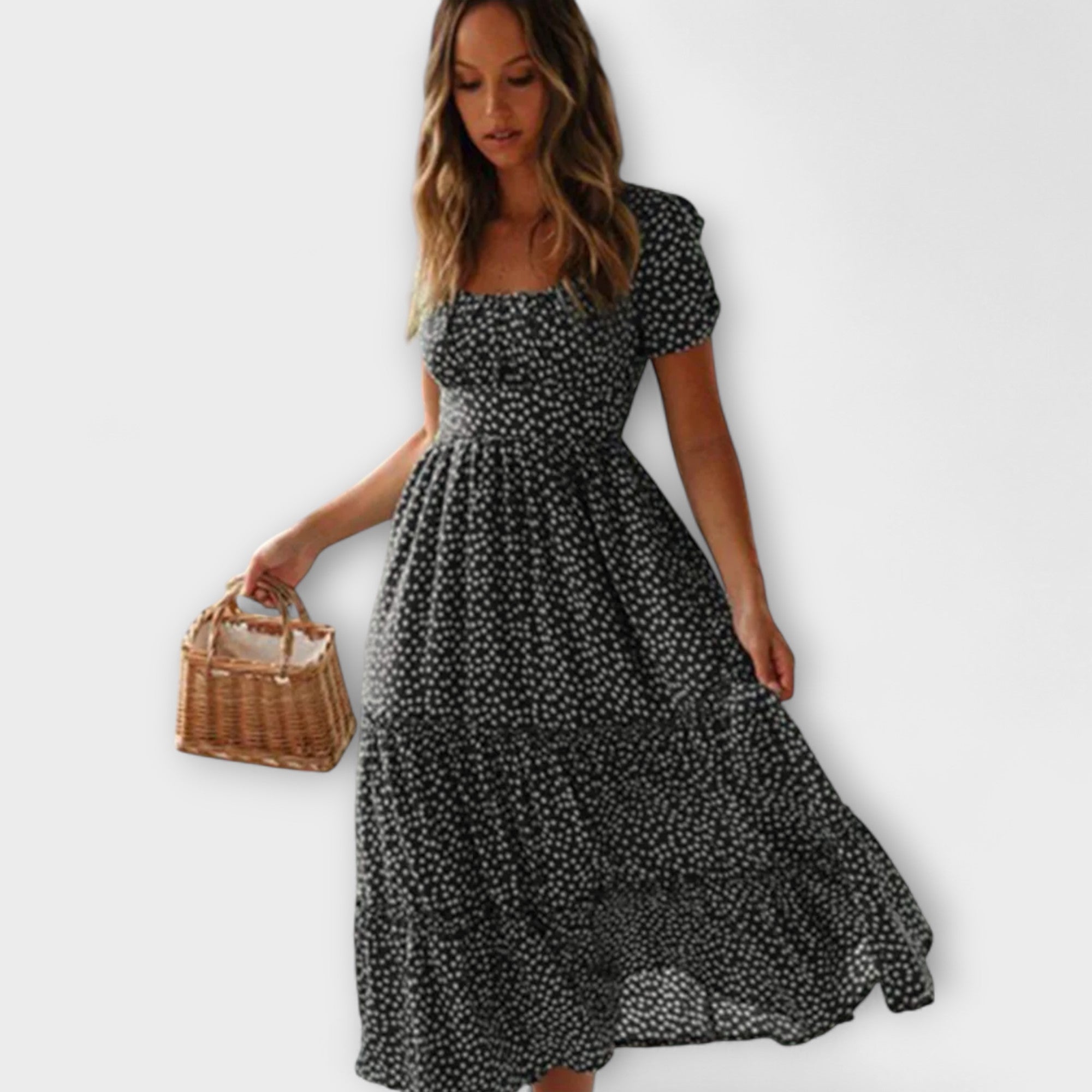 Vintage kvetinový vzor Puffärmel Maxikleid