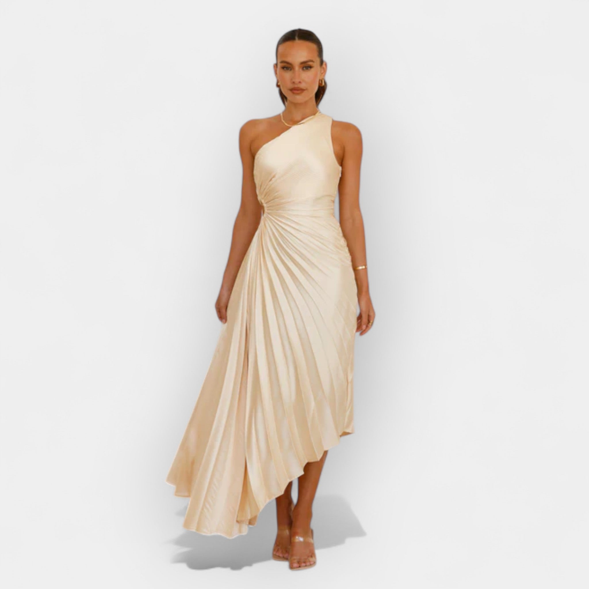 Rochie midi plisată cu un umăr – elegantă și rafinată