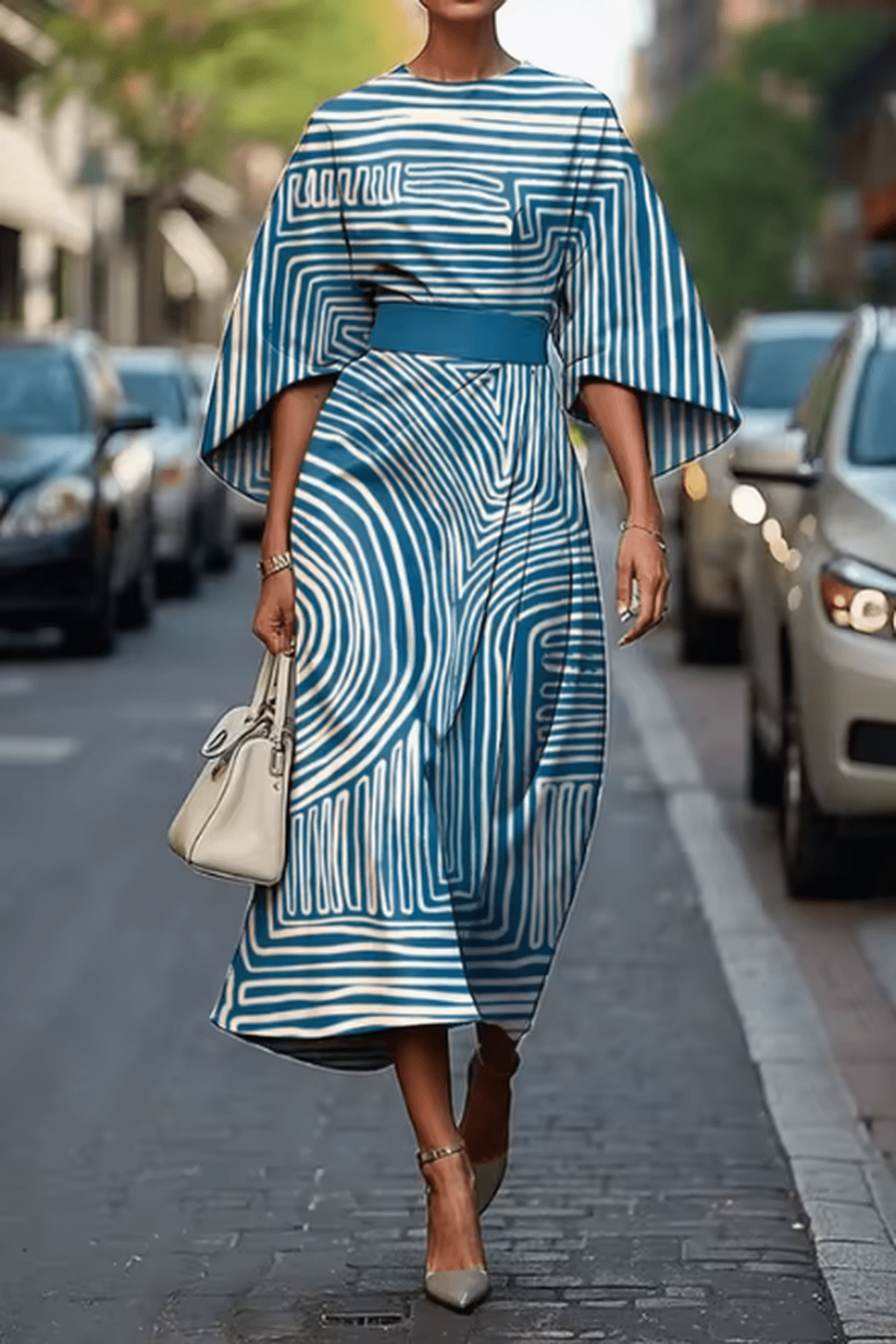 Satin Geometric Print A-Line Midi Dress