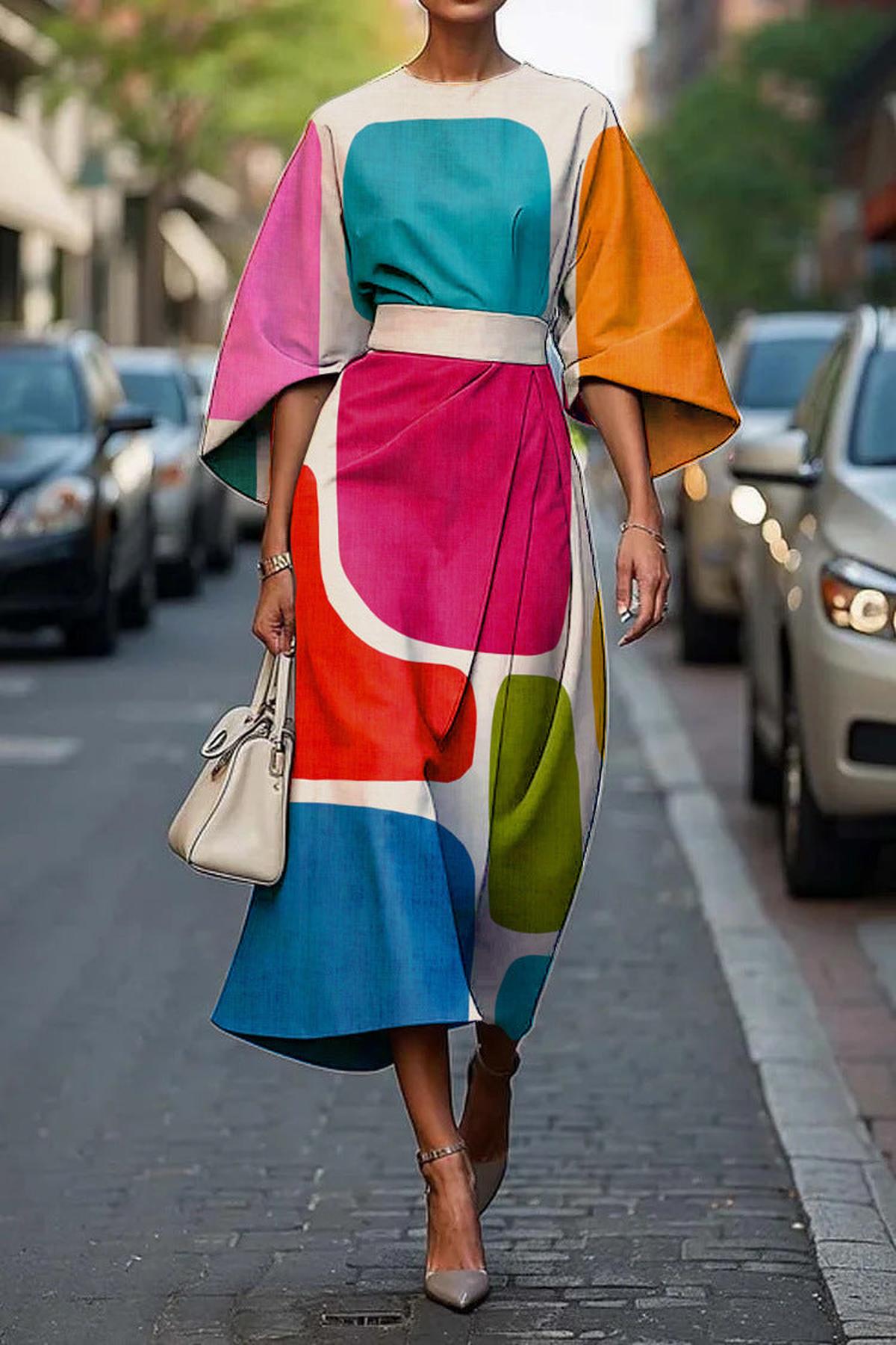 Satin Geometric Print A-Line Midi Dress