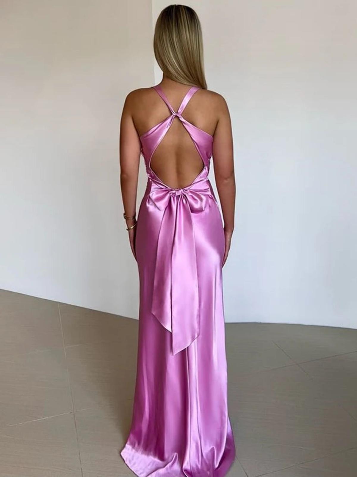Satin Halter Neck Sleeveless Evening Gown