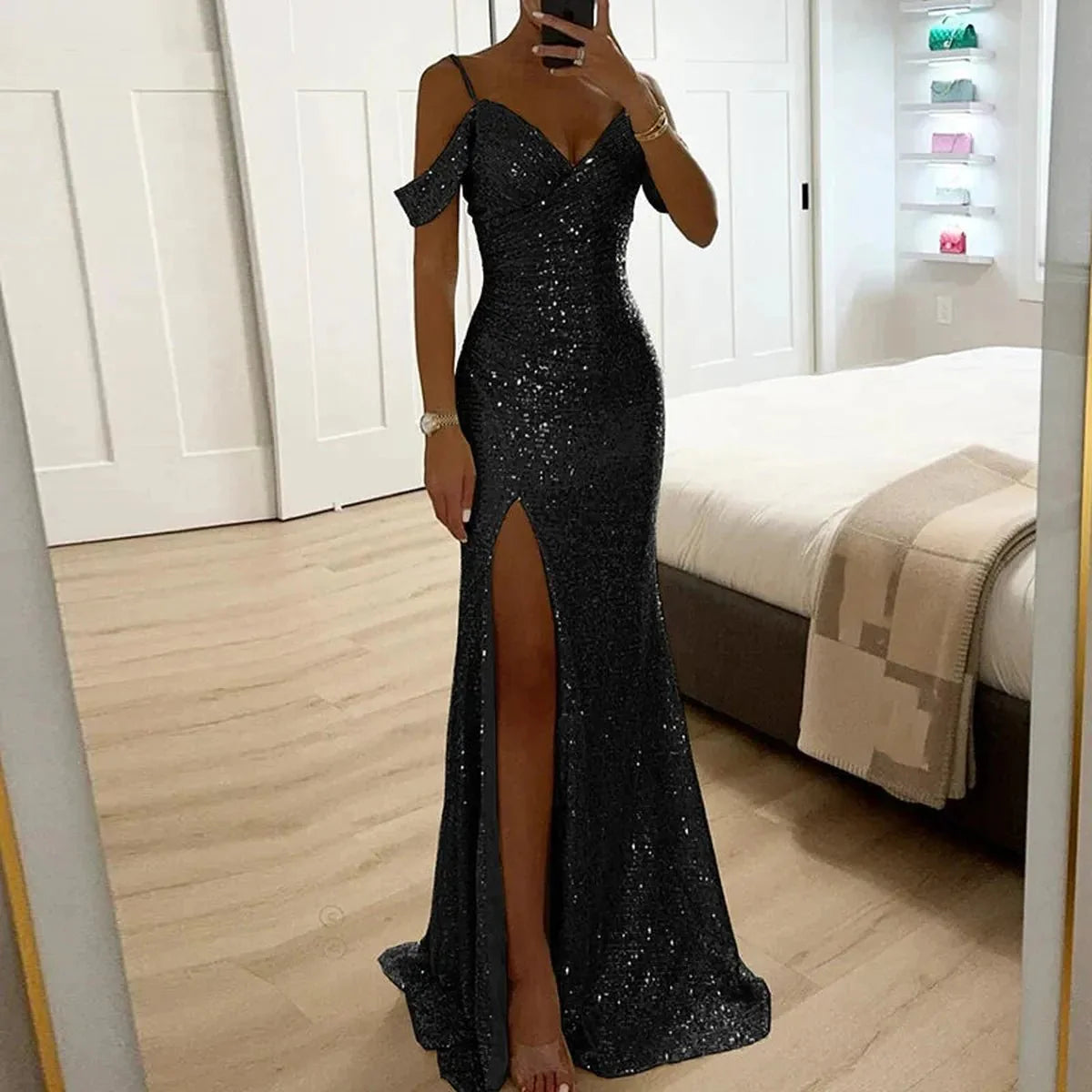 Sequined Off-Shoulder Fitted Prom Gown