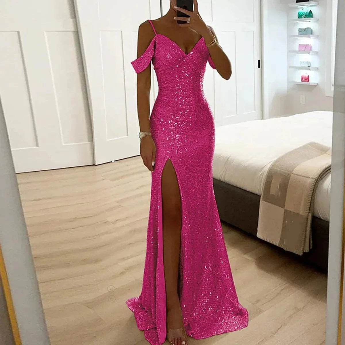 Sequined Off-Shoulder Fitted Prom Gown