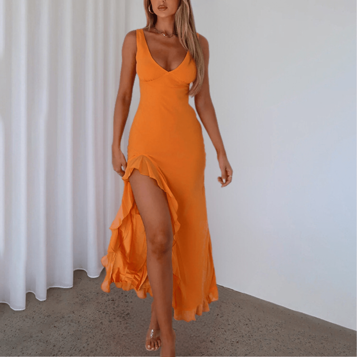 Sleeveless Deep V-Neck High-Low Evening Dress