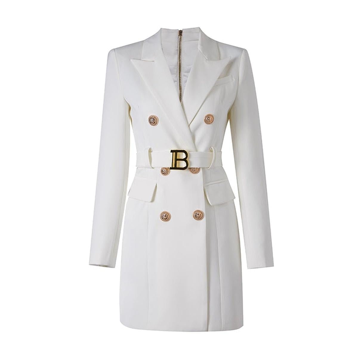 Sophisticated Women's Blazer Dress With Waist Belt And Button Detailing
