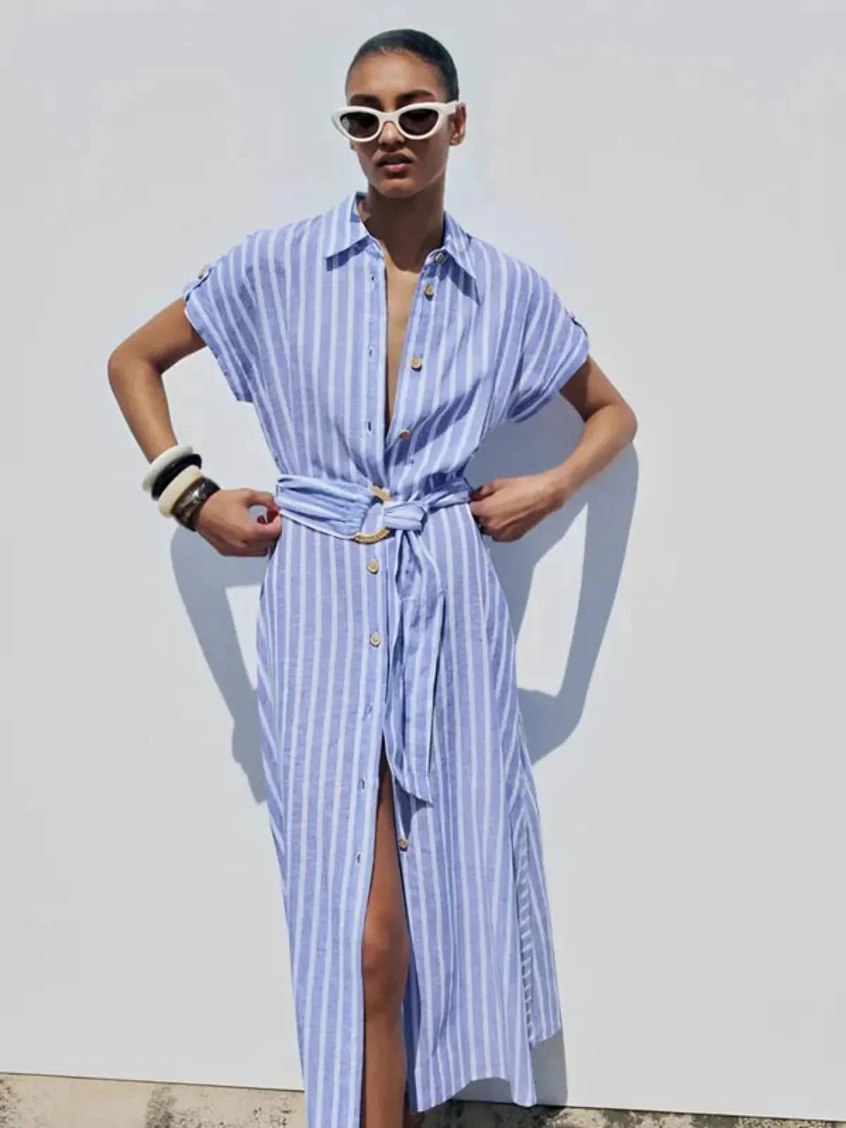 Striped Linen-Blend Maxi Dress with Belt