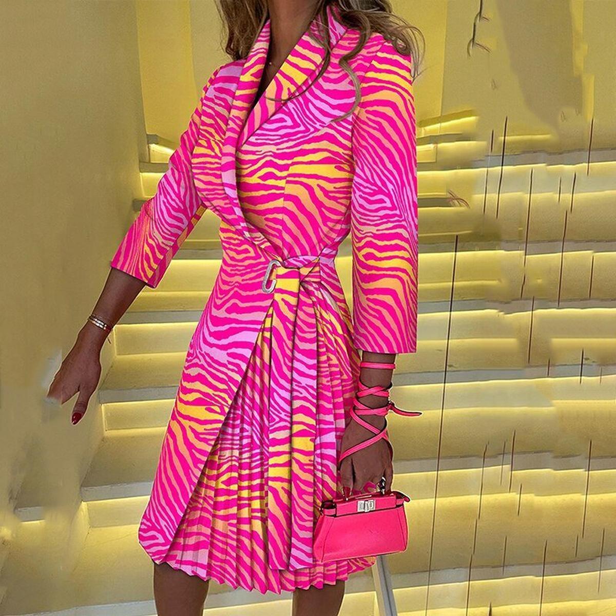 Stylish Women's Blazer Midi Dress With Houndstooth Pattern And Adjustable Belt