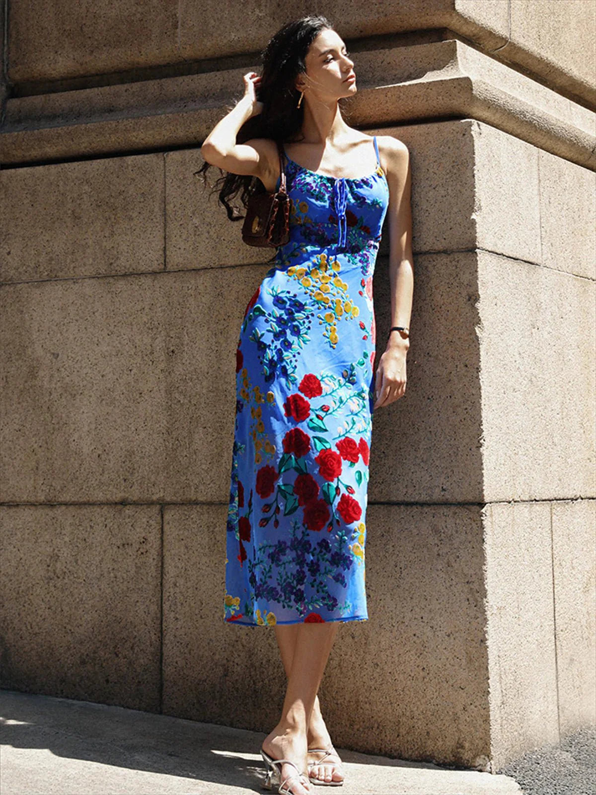 Velvet Floral Appliqué Cami Midi Dress