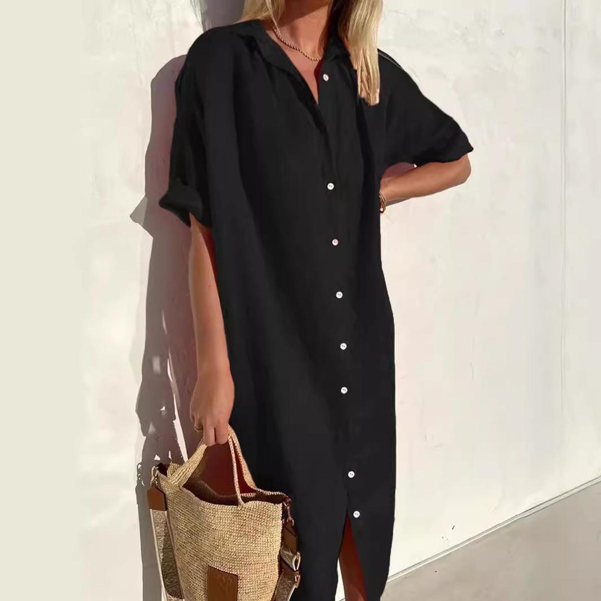 Women's Cotton-Linen Button-Down Midi Shirt Dress