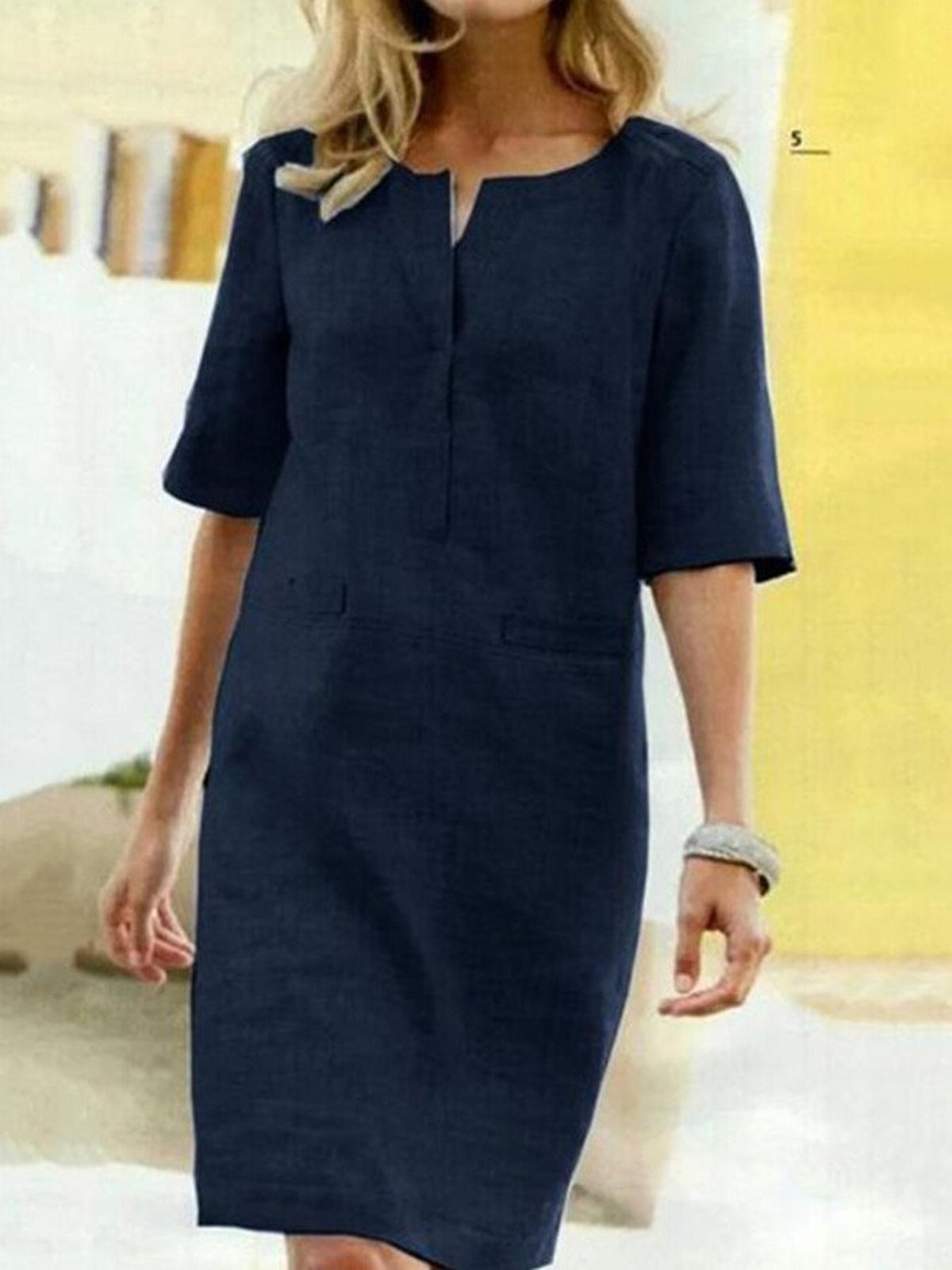 Women's Cotton Linen Shift Dress With V-Slit Neck