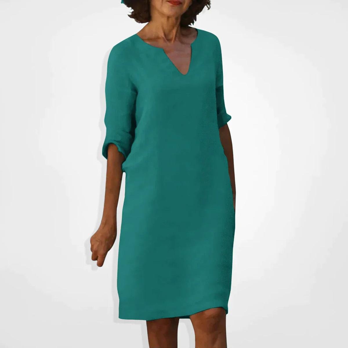 Women's Summer V-Neck Midi Dress With Three-Quarter Sleeves